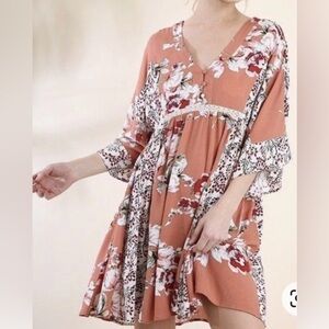 Umgee boho floral babydoll dress long sleeve lace accent kimono sleeves large
